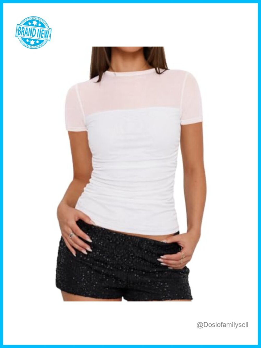 FIKAWO Women's Mesh Top Lace Sheer Shirt Short Sleeve Ruched Waist